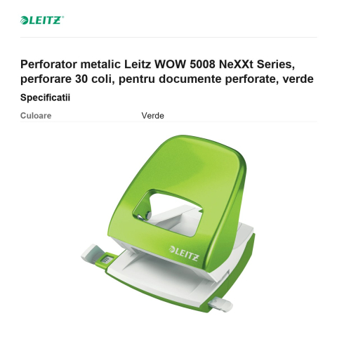 Perforator metalic Leitz WOW 5008 NeXXt Series, perforare 30 coli, pentru documente perforate, verde [2]
