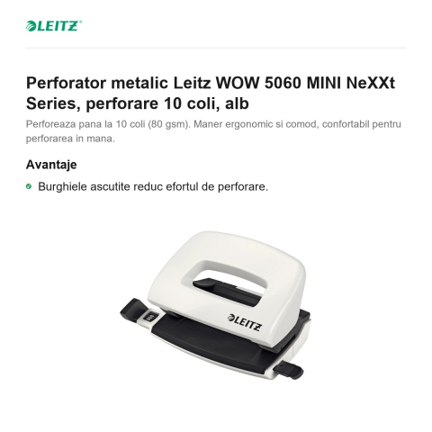 Perforator metalic Leitz WOW 5060 MINI NeXXt Series, perforare 10 coli, alb [1]