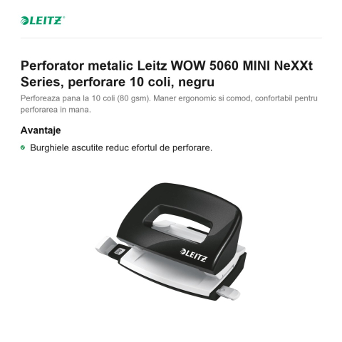 Perforator metalic Leitz WOW 5060 MINI NeXXt Series, perforare 10 coli, negru [1]