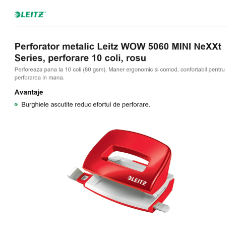 Perforator metalic Leitz WOW 5060 MINI NeXXt Series, perforare 10 coli, rosu [1]