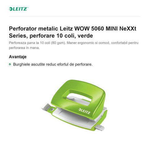 Perforator metalic Leitz WOW 5060 MINI NeXXt Series, perforare 10 coli, verde [1]