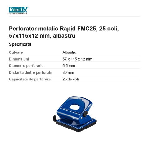 Perforator metalic Rapid FMC25, 25 coli, 57x115x12 mm, albastru [2]