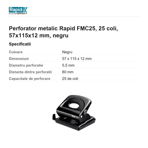 Perforator metalic Rapid FMC25, 25 coli, 57x115x12 mm, negru [2]