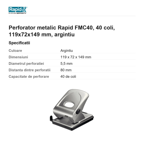 Perforator metalic Rapid FMC40, 40 coli, 119x72x149 mm, argintiu [2]