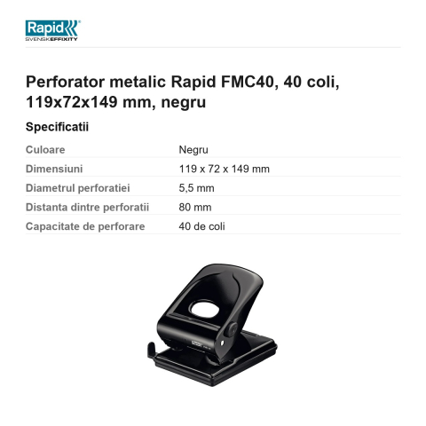 Perforator metalic Rapid FMC40, 40 coli, 119x72x149 mm, negru [2]