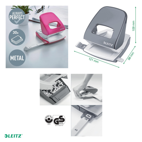 Perforator perforare 30 coli model 5008 metalic metalizat Leitz, carton 80 g/mp, A4, roz [3]