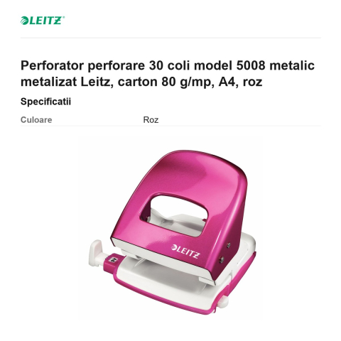 Perforator perforare 30 coli model 5008 metalic metalizat Leitz, carton 80 g/mp, A4, roz [2]