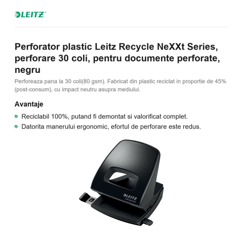 Perforator plastic Leitz Recycle NeXXt Series, perforare 30 coli, pentru documente perforate, negru [1]