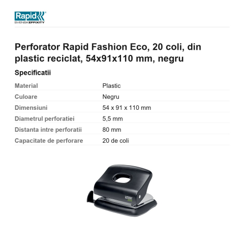 Perforator Rapid Fashion Eco, 20 coli, din plastic reciclat, 54x91x110 mm, negru [2]