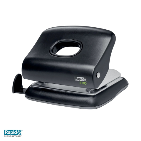 Birotica papetarie - Perforator Rapid Fashion Eco, 20 coli, din plastic reciclat, 54x91x110 mm, negru