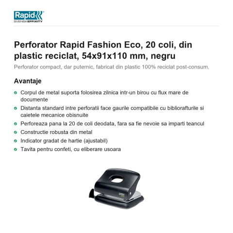 Perforator Rapid Fashion Eco, 20 coli, din plastic reciclat, 54x91x110 mm, negru [1]
