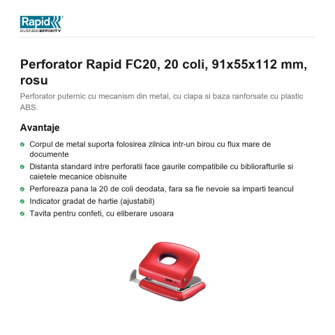 Perforator Rapid FC20, 20 coli, 91x55x112 mm, rosu [1]
