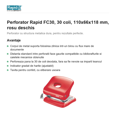 Perforator Rapid FC30, 30 coli, 110x66x118 mm, rosu deschis [1]