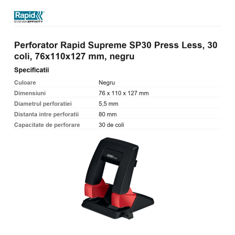 Perforator Rapid Supreme SP30 Press Less, 30 coli, 76x110x127 mm, negru [2]