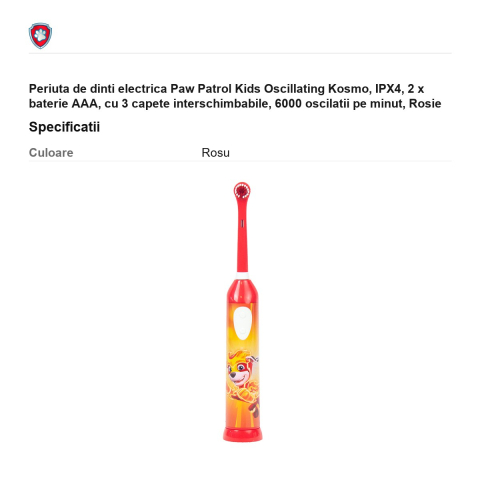 Periuta de dinti electrica Paw Patrol Kids Oscillating Kosmo, IPX4, 2 x baterie AAA, cu 3 capete interschimbabile, 6000 oscilatii pe minut, Rosie [2]