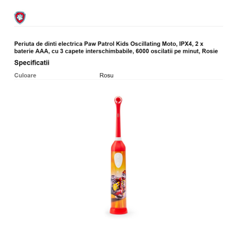 Periuta de dinti electrica Paw Patrol Kids Oscillating Moto, IPX4, 2 x baterie AAA, cu 3 capete interschimbabile, 6000 oscilatii pe minut, Rosie [2]