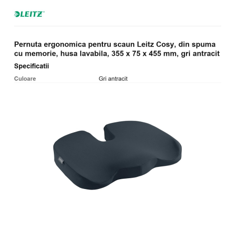 Pernuta ergonomica pentru scaun Leitz Cosy, din spuma cu memorie, husa lavabila, 355 x 75 x 455 mm, gri antracit [2]