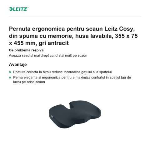 Pernuta ergonomica pentru scaun Leitz Cosy, din spuma cu memorie, husa lavabila, 355 x 75 x 455 mm, gri antracit [1]