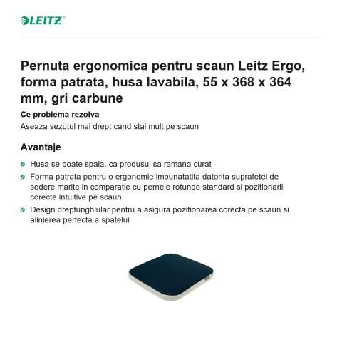 Pernuta ergonomica pentru scaun Leitz Ergo, forma patrata, husa lavabila, 55 x 368 x 364 mm, gri carbune [1]