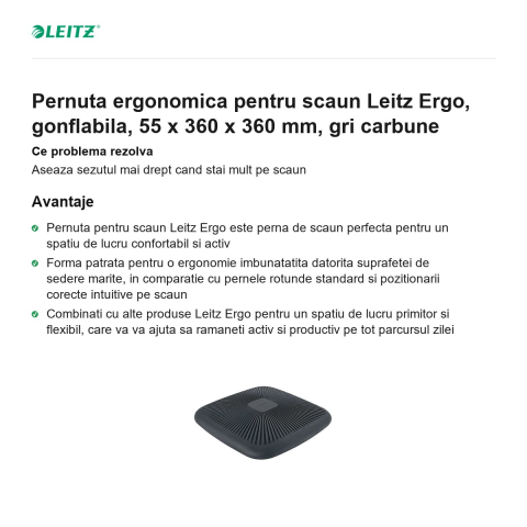 Pernuta ergonomica pentru scaun Leitz Ergo, gonflabila, 55 x 360 x 360 mm, gri carbune [1]