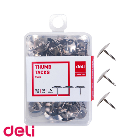 Pioneze si accesorii pentru fixare - Pioneze cu cap inox Deli, 10 mm, 100 bucati in cutie plastic, pentru aviziere si panouri