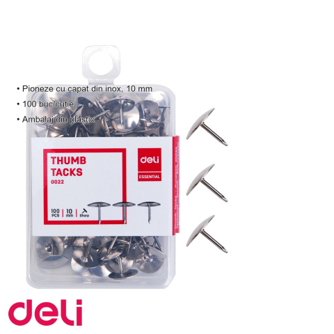 Pioneze cu cap inox Deli, 10 mm, 100 bucati in cutie plastic, pentru aviziere si panouri [2]