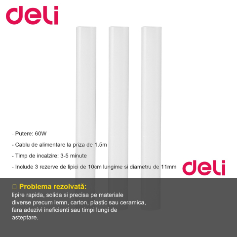 Pistol de lipit cu lipici topit Deli 60W, timp rapid de incalzire, pentru lemn, carton, plastic si proiecte creative [1]