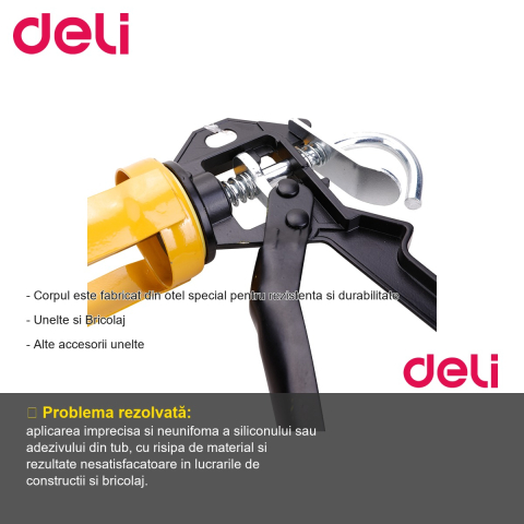 Pistol pentru tub silicon Deli, corp metalic din otel, pentru aplicare precisa a silicoanelor si adezivilor [1]