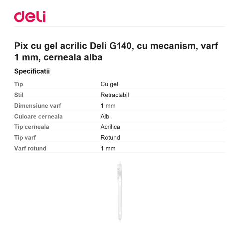 Pix cu gel acrilic Deli G140, cu mecanism, varf 1 mm, cerneala alba [2]