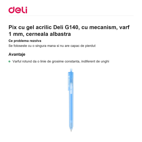 Pix cu gel acrilic Deli G140, cu mecanism, varf 1 mm, cerneala albastra [1]