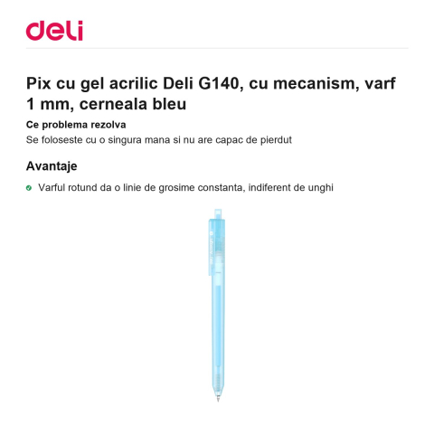 Pix cu gel acrilic Deli G140, cu mecanism, varf 1 mm, cerneala bleu [1]