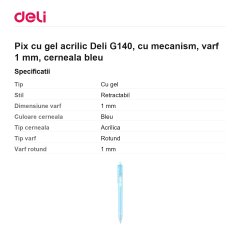 Pix cu gel acrilic Deli G140, cu mecanism, varf 1 mm, cerneala bleu [2]
