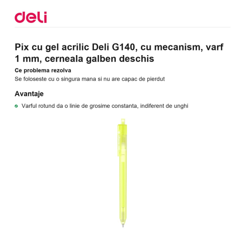 Pix cu gel acrilic Deli G140, cu mecanism, varf 1 mm, cerneala galben deschis [1]
