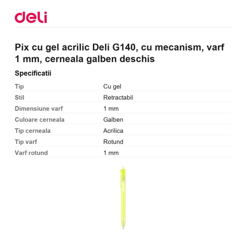 Pix cu gel acrilic Deli G140, cu mecanism, varf 1 mm, cerneala galben deschis [2]
