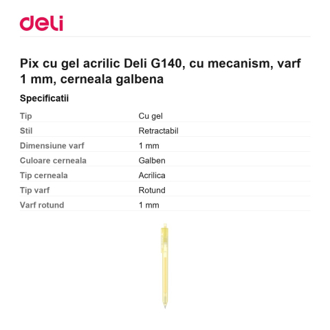 Pix cu gel acrilic Deli G140, cu mecanism, varf 1 mm, cerneala galbena [2]