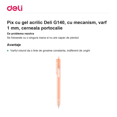 Pix cu gel acrilic Deli G140, cu mecanism, varf 1 mm, cerneala portocalie [1]