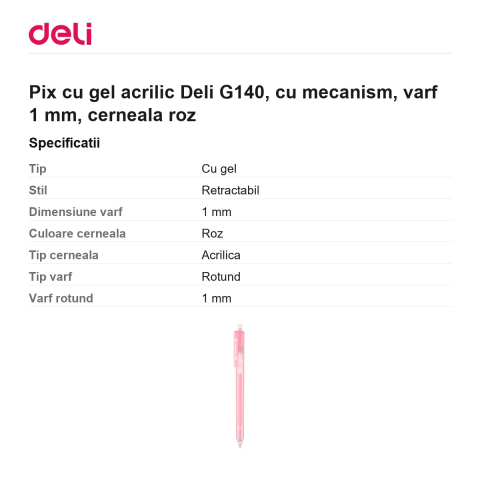 Pix cu gel acrilic Deli G140, cu mecanism, varf 1 mm, cerneala roz [2]
