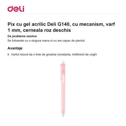 Pix cu gel acrilic Deli G140, cu mecanism, varf 1 mm, cerneala roz deschis [1]