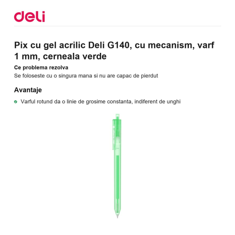 Pix cu gel acrilic Deli G140, cu mecanism, varf 1 mm, cerneala verde [1]