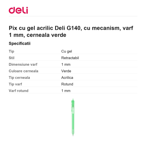 Pix cu gel acrilic Deli G140, cu mecanism, varf 1 mm, cerneala verde [2]