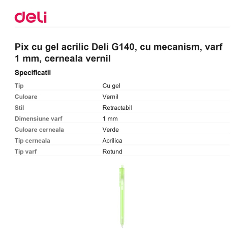 Pix cu gel acrilic Deli G140, cu mecanism, varf 1 mm, cerneala vernil [2]