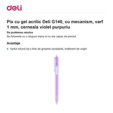 Pix cu gel acrilic Deli G140, cu mecanism, varf 1 mm, cerneala violet purpuriu [1]