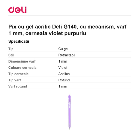 Pix cu gel acrilic Deli G140, cu mecanism, varf 1 mm, cerneala violet purpuriu [2]