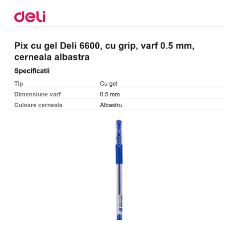 Pix cu gel Deli 6600, cu grip, varf 0.5 mm, cerneala albastra [2]