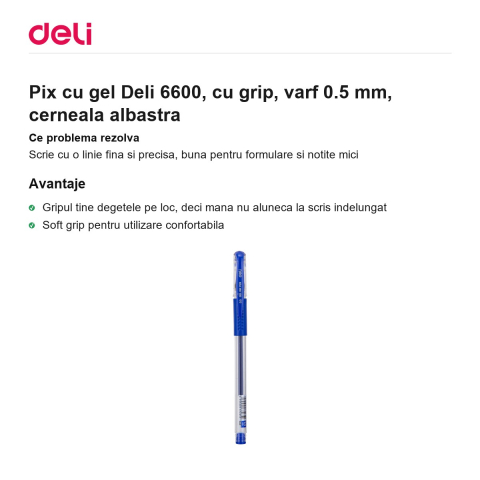 Pix cu gel Deli 6600, cu grip, varf 0.5 mm, cerneala albastra [1]
