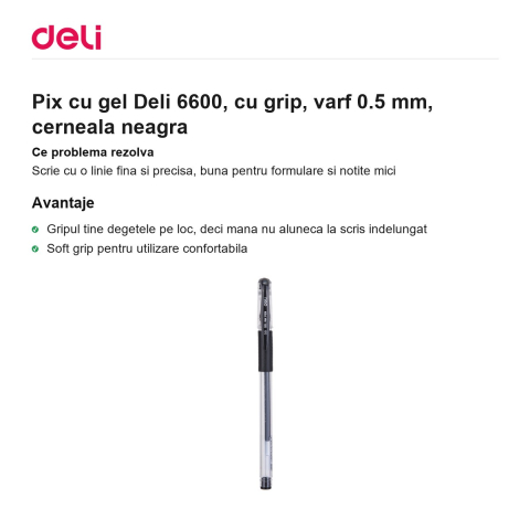 Pix cu gel Deli 6600, cu grip, varf 0.5 mm, cerneala neagra [1]