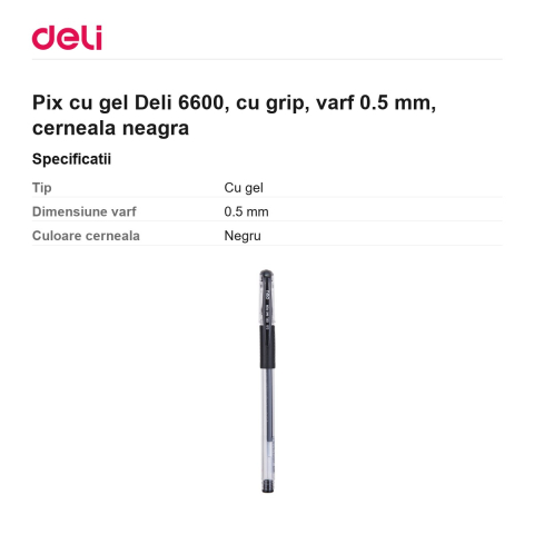 Pix cu gel Deli 6600, cu grip, varf 0.5 mm, cerneala neagra [2]
