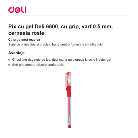 Pix cu gel Deli 6600, cu grip, varf 0.5 mm, cerneala rosie [1]