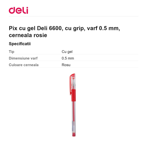 Pix cu gel Deli 6600, cu grip, varf 0.5 mm, cerneala rosie [2]