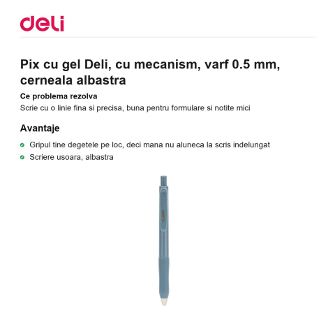 Pix cu gel Deli, cu mecanism, varf 0.5 mm, cerneala albastra [1]